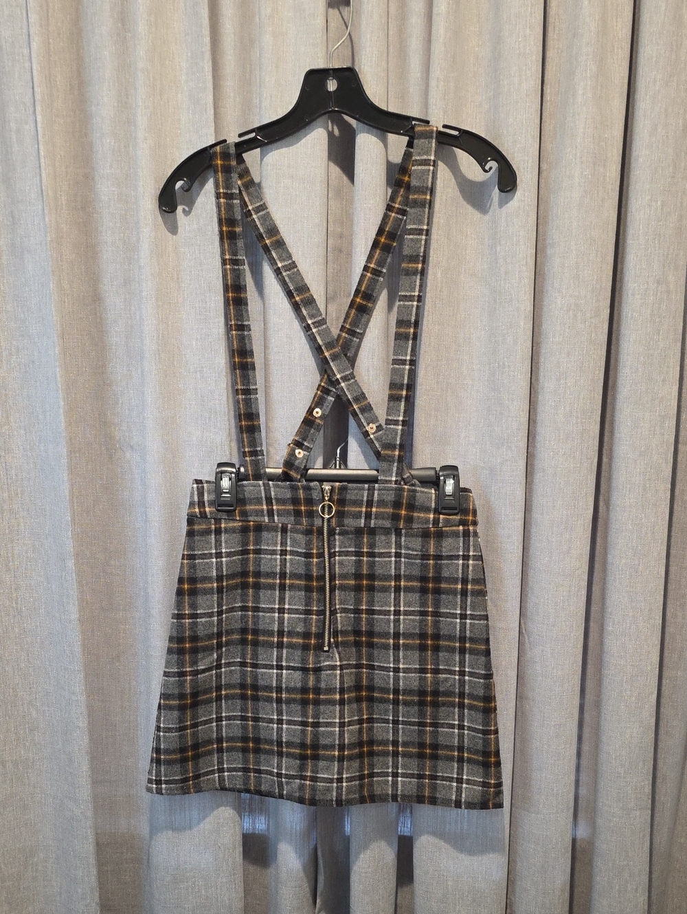 Forever 21 Charcoal Plaid Suspender Flannel Mini Skirt with Mustard Stripes
